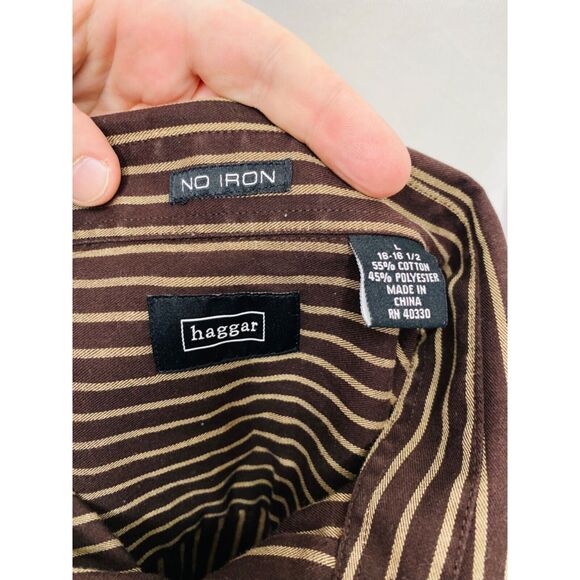 Haggar Men’s Shirt Brown Striped Button-Down Long Sleeve No Iron Size Large - Picture 6 of 6